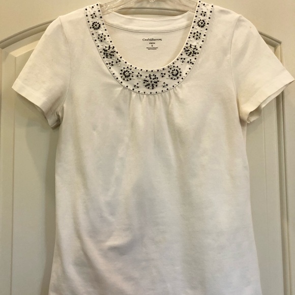 Croft & Barrow Top White Embellished neckline Blouse Size Small Beaded collar Wm - Picture 2 of 5